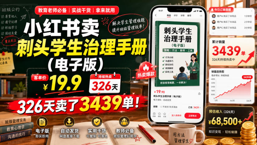 小红书卖刺头学生治理手册(电子版)，客单价19.9，326天卖了3439单！-超级会员网