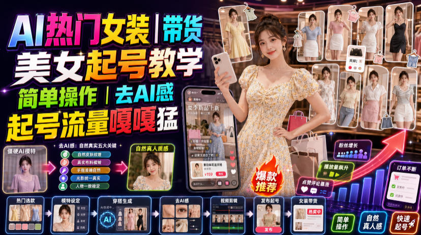 AI热门女装带货丨美女起号教学，简单操作，去AI感，起号流量嘎嘎猛-超级会员网