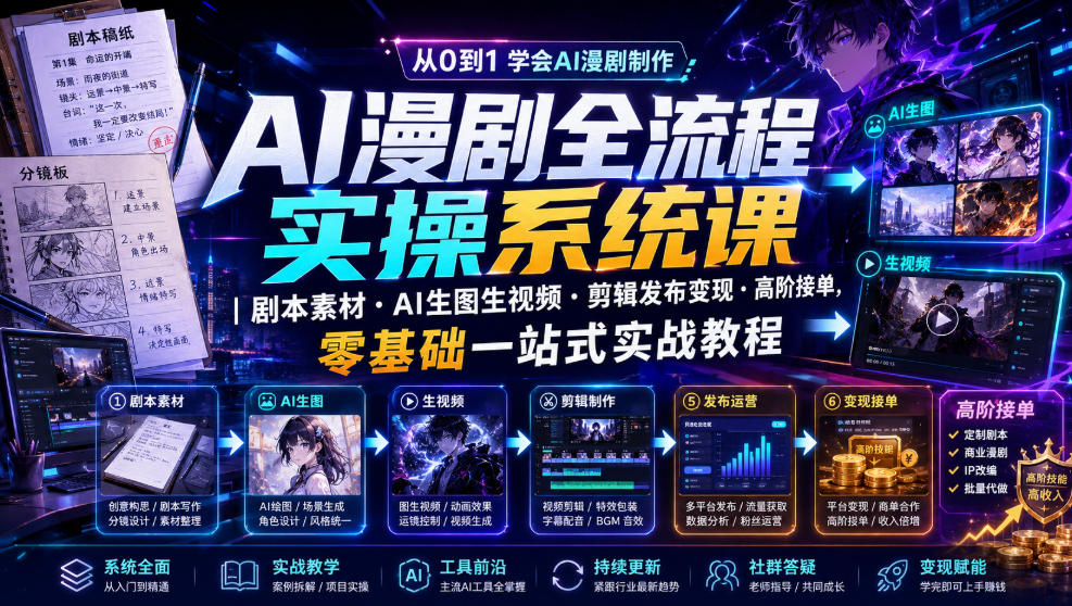 AI漫剧全流程实操系统课｜剧本素材・AI生图生视频・剪辑发布变现・高阶接单，零基础一站式实战教程-超级会员网