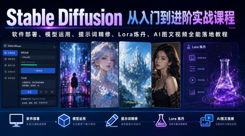 Stable Diffusion从入门到进阶实战课程｜软件部署、模型运用、提示词精修、Lora炼丹、AI图文视频全能落地教程-超级会员网