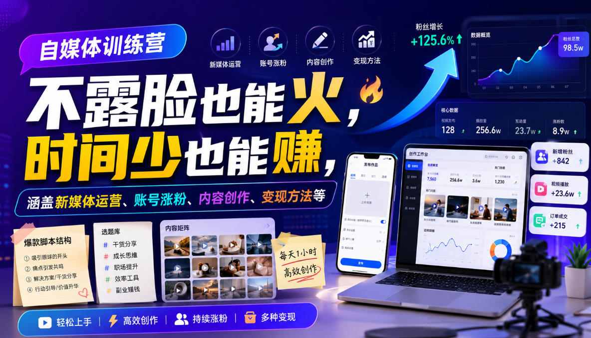 自媒体训练营，不露脸也能火，时间少也能賺，涵盖新媒体运营、账号涨粉、内容创作、变现方法等-超级会员网