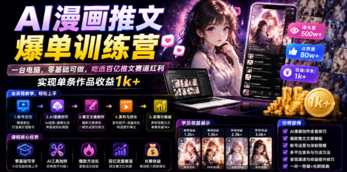 AI漫画推文爆单训练营，一台电脑，零基础可做，吃透百亿推文赛道红利，实现单条作品收益1k+-超级会员网