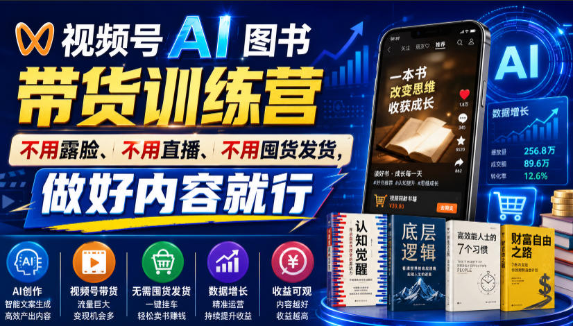 视频号AI图书带货训练营，不用露脸、不用直播、不用囤货发货，做好内容就行，一条爆款视频佣金8942-超级会员网