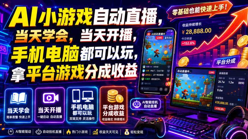 AI小游戏自动直播，当天学会，当天开播，手机电脑都可以玩，拿平台游戏分成收益-超级会员网