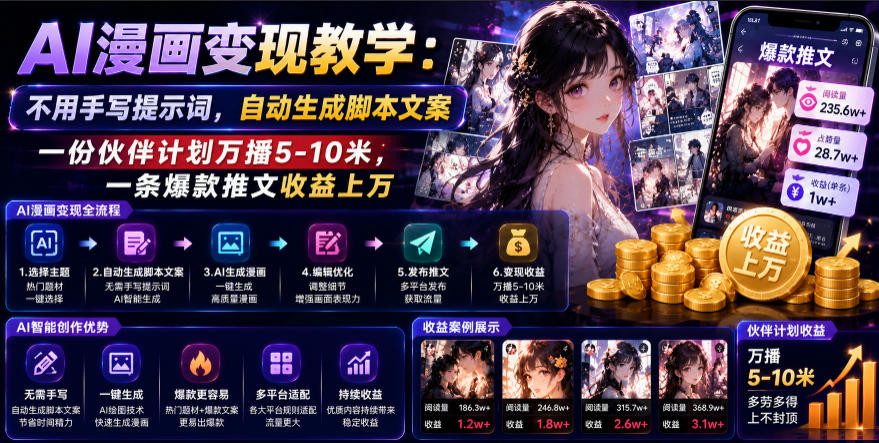 AI漫画变现教学：不用手写提示词，自动生成脚本文案，一份伙伴计划万播5-10米，一条爆款推文收益上W-超级会员网