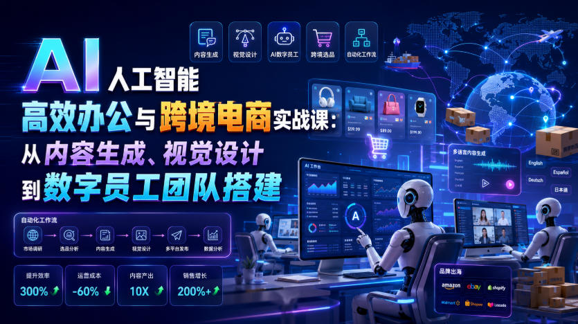 AI人工智能高效办公与跨境电商实战课：从内容生成、视觉设计到数字员工团队搭建-超级会员网
