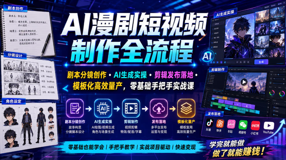 AI漫剧短视频制作全流程｜剧本分镜创作・AI生成实操・剪辑发布落地・模板化高效量产，零基础手把手实战课-超级会员网