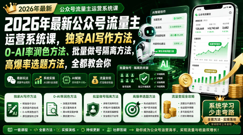2026年最新公众号流量主运营系统课，独家AI写作方法，0-AI率润色方法、批量做号隔离方法、高爆率选题方法，全都教会你-超级会员网