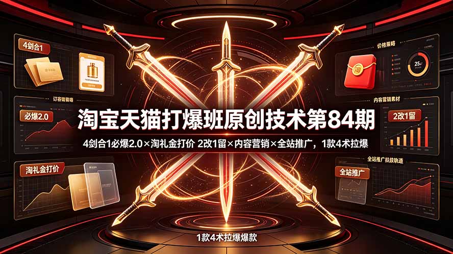 淘宝天猫打爆班原创技术第84期：4剑合1必爆2.0×淘礼金打价×2改1留×内容营销×全站推广，1款4术拉爆-超级会员网