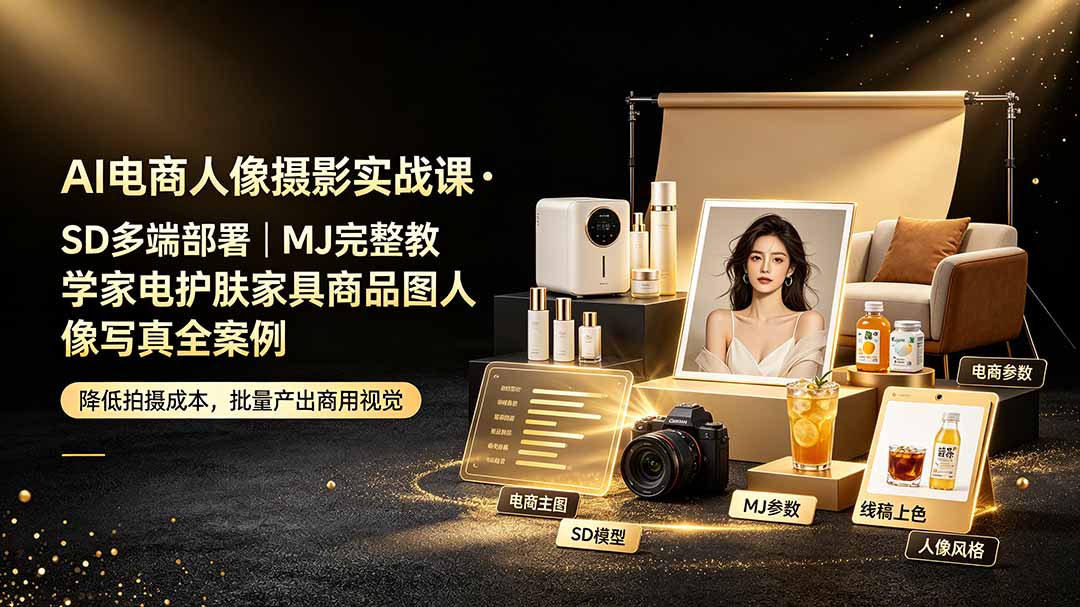 AI电商人像摄影实战课·SD多端部署｜MJ完整教学｜家电护肤家具商品图人像写真全案例-超级会员网
