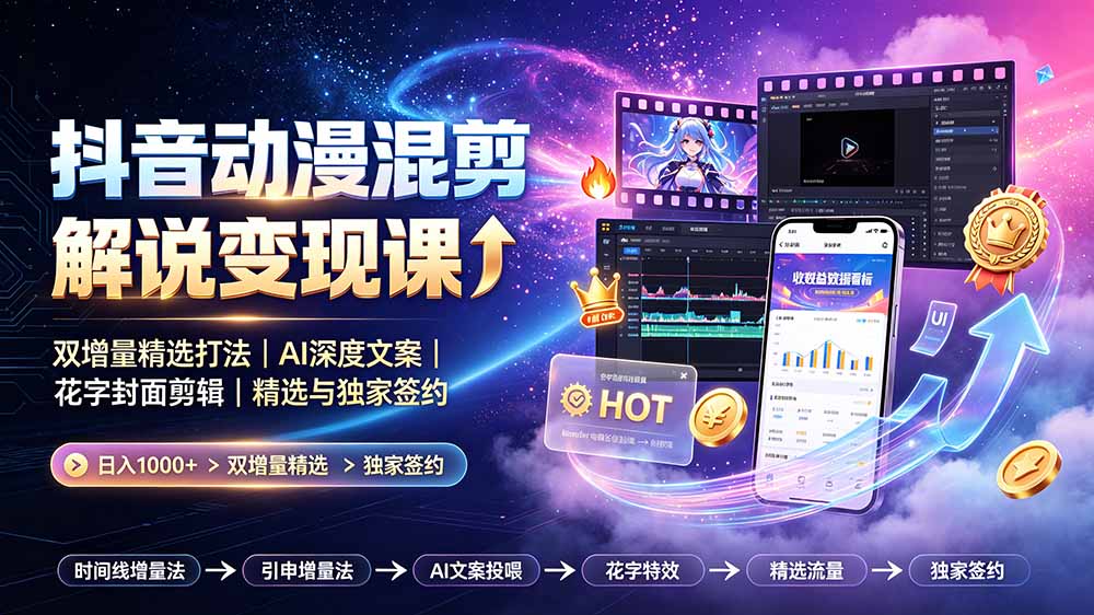 抖音动漫混剪解说变现课：双增量精选打法｜AI深度文案｜花字封面剪辑｜ 精选与独家签约日入1000+-超级会员网