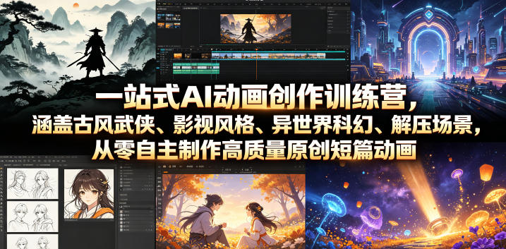 一站式AI动画创作训练营，涵盖古风武侠、影视风格、异世界科幻、解压场景，从零自主制作高质量原创短篇动画-超级会员网