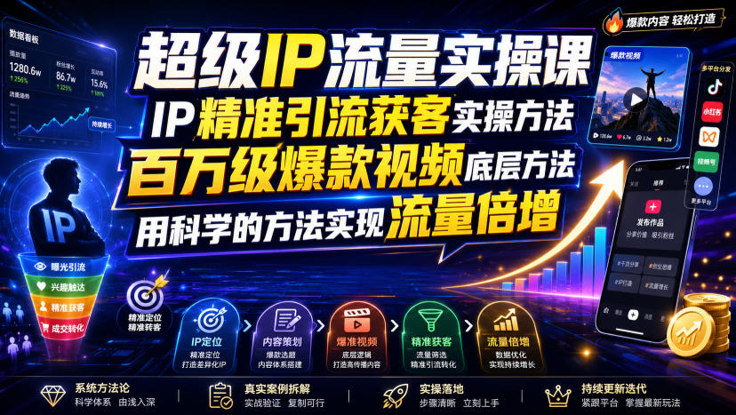 超级IP流量实操课，IP精准引流获客实操方法，百万级爆款视频底层方法，用科学的方法实现流量倍增-超级会员网