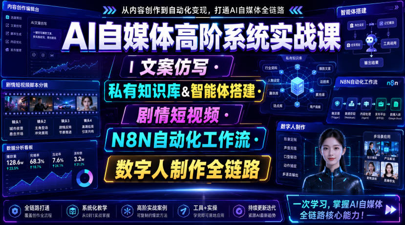 AI自媒体高阶系统实战课｜文案仿写・私有知识库&智能体搭建・剧情短视频・N8N自动化工作流・数字人制作全链路-超级会员网