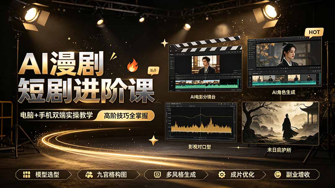 AI漫剧短剧进阶课｜电脑+手机双端实操教学｜影视剧对口型人物吃瓜×解压末日庇护所全程讲解，高阶技巧全掌握-超级会员网