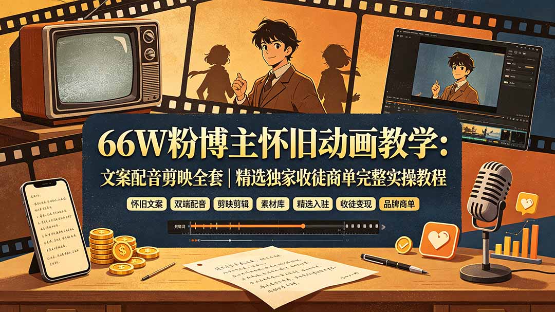 66W粉博主怀旧动画教学：文案配音剪映全套｜精选独家收徒商单完整实操教程-超级会员网