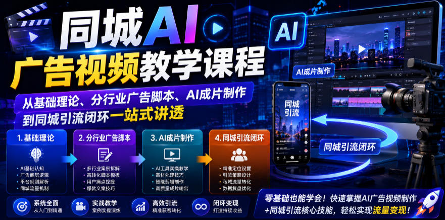 同城AI广告视频教学课程，从基础理论、分行业广告脚本、AI成片制作到同城引流闭环一站式讲透-超级会员网
