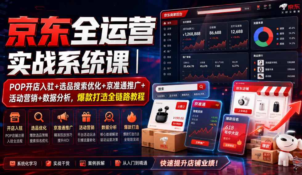 京东全运营实战系统课｜POP开店入驻+选品搜索优化+京准通推广+活动营销+数据分析，爆款打造全链路教程-超级会员网