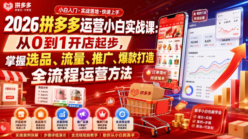 2026拼多多运营小白实战课：从0到1开店起步，掌握选品、流量、推广、爆款打造全流程运营方法-超级会员网