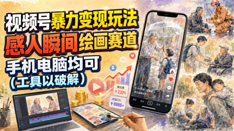 视频号暴力变现玩法，感人瞬间绘画赛道，手机电脑均可-超级会员网