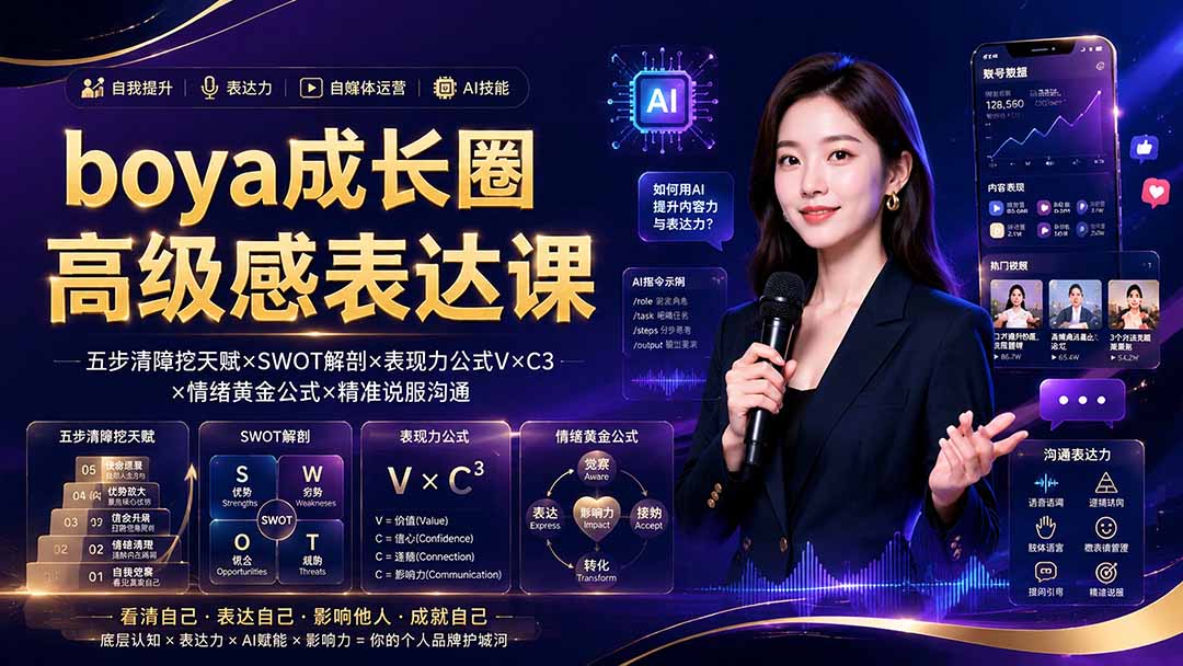 boya成长圈｜内心成长高级表达AI自媒体三合一，消解内耗挖掘天赋，镜头沟通AI指令短视频全流程教学-超级会员网