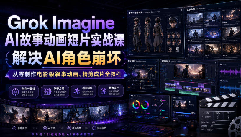 Grok Imagine AI故事动画短片实战课｜解决AI角色崩坏，从零制作电影级叙事动画、精剪成片全教程(中英字幕)-超级会员网