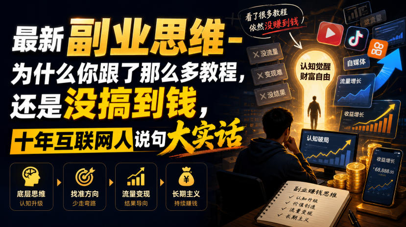 最新副业思维-为什么你跟了那么多教程，还是没搞到钱，十年互联网人说句大实话【揭秘】-超级会员网