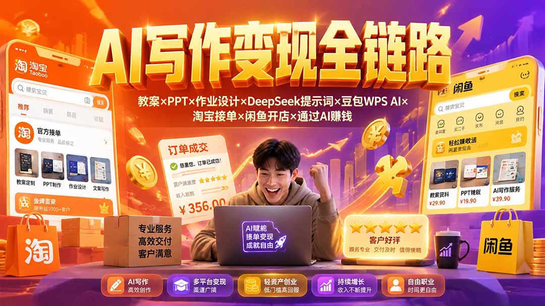 2026AI写作变现全链路：教案×PPT×作业设计×DeepSeek提示词×豆包WPS AI×淘宝接单×闲鱼开店×通过AI賺钱-超级会员网