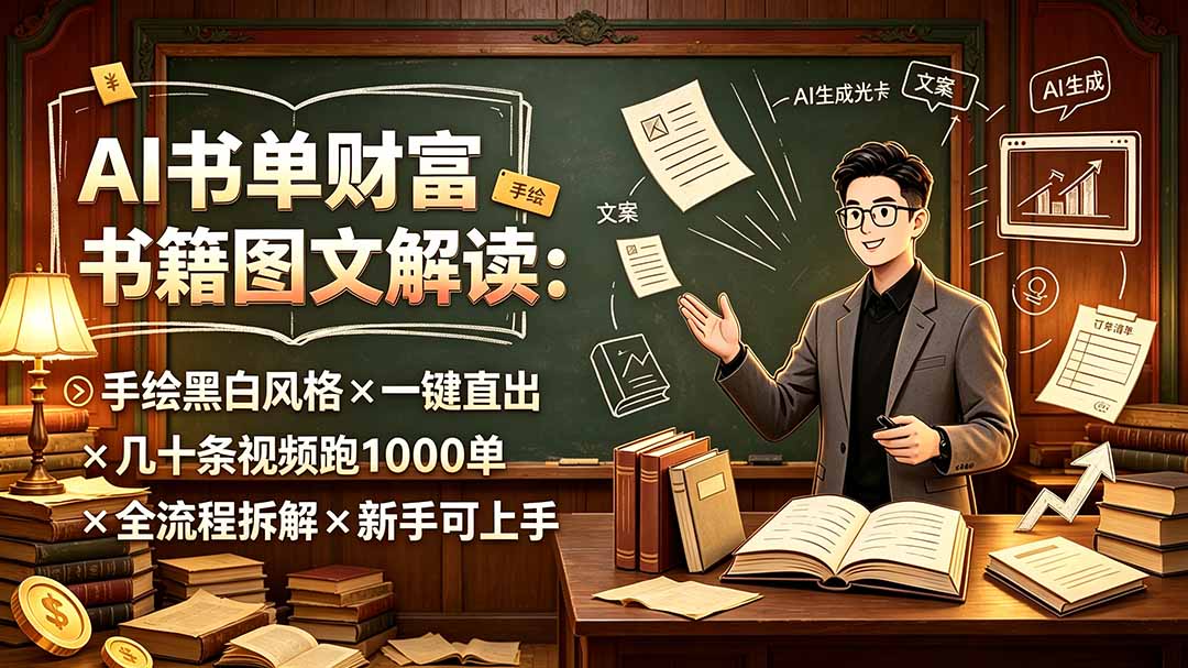 AI书单财富书籍图文解读：手绘黑白风格×一键直出×几十条视频跑1000单×全流程拆解×新手可上手-超级会员网