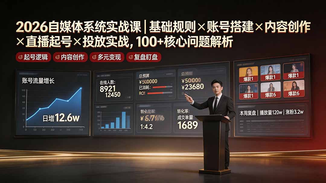 2026自媒体系统实战课｜基础规则×账号搭建×内容创作×直播起号×投放实战，100+核心问题解析-超级会员网