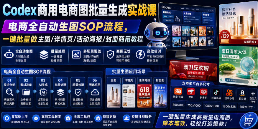 Codex商用电商图批量生成实战课｜电商全自动生图SOP流程，一键批量做主图/详情页/活动海报/封面商用教程-超级会员网