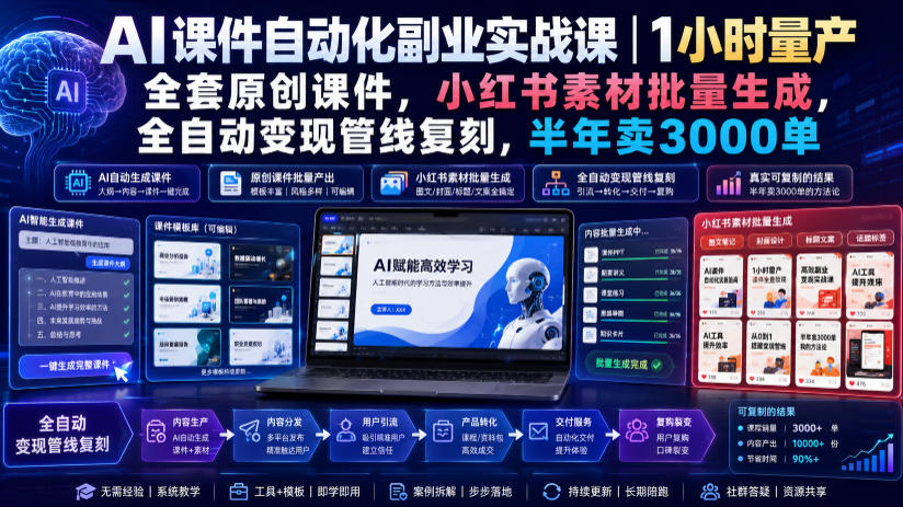 AI课件自动化副业实战课｜1小时量产全套原创课件，小红书素材批量生成，全自动变现管线复刻，半年卖3000单-超级会员网