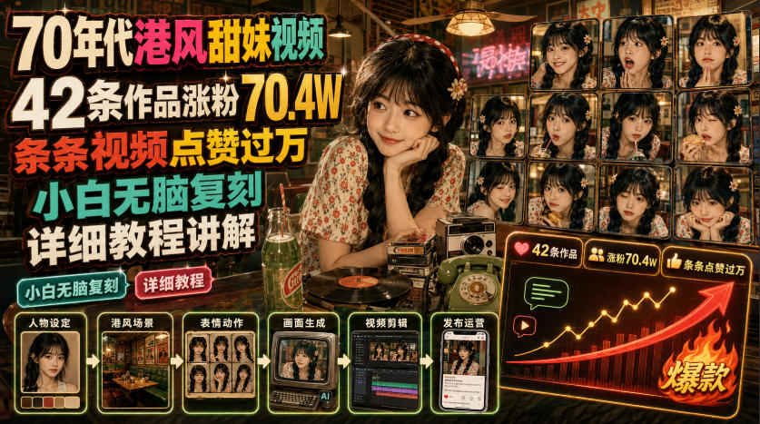 70年代港风甜妹视频，42条作品涨粉70.4W，条条视频点赞过万，小白无脑复刻，详细教程讲解-超级会员网