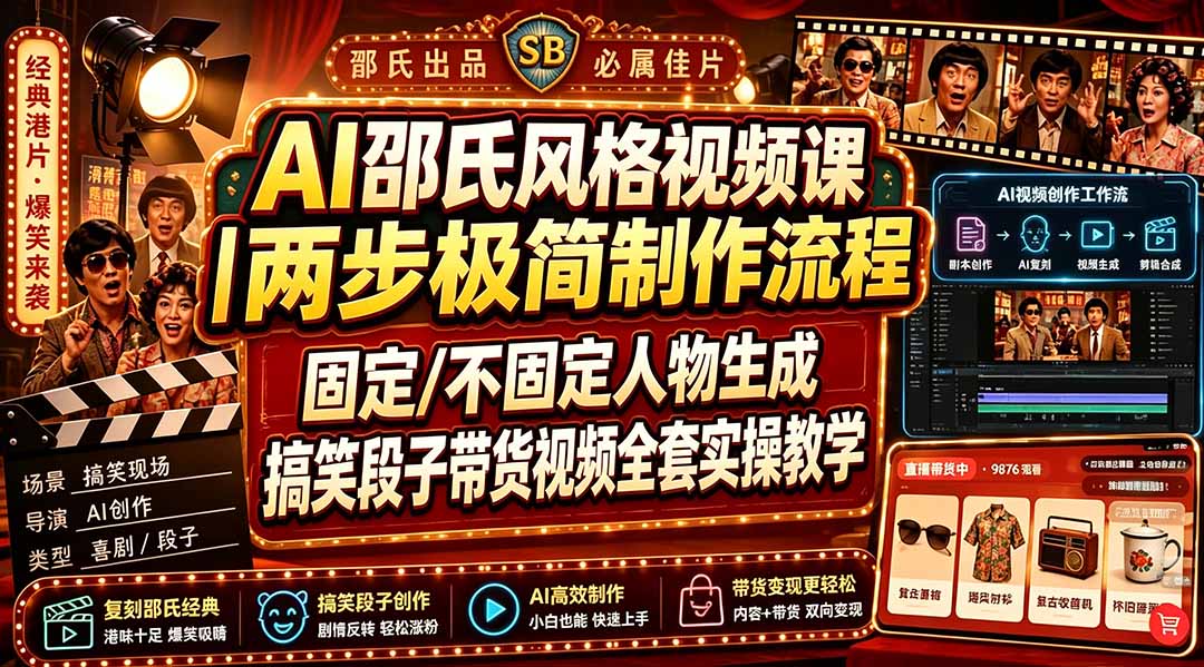 AI邵氏风格视频课｜两步极简制作流程，固定/不固定人物生成，搞笑段子带货视频全套实操教学-超级会员网