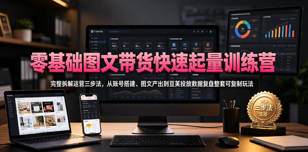 零基础图文带货快速起量训练营，完整拆解运营三步法，从账号搭建、图文产出到豆荚投放数据复盘整套可复制玩法-超级会员网