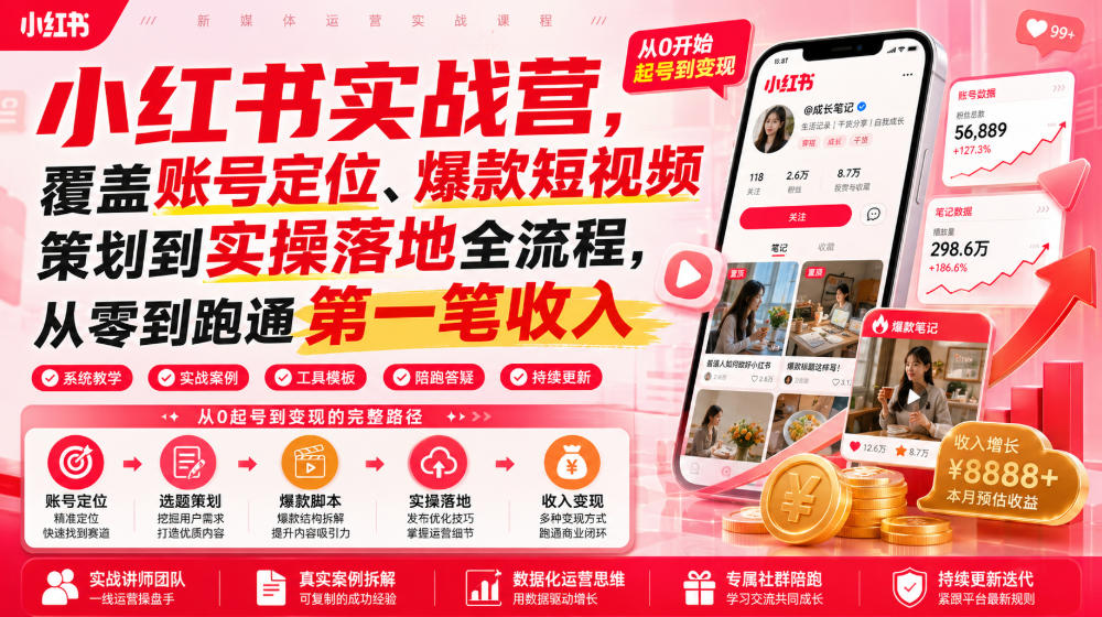 小红书实战营，覆盖账号定位、爆款短视频策划到实操落地全流程，从零到跑通第一笔收入-超级会员网