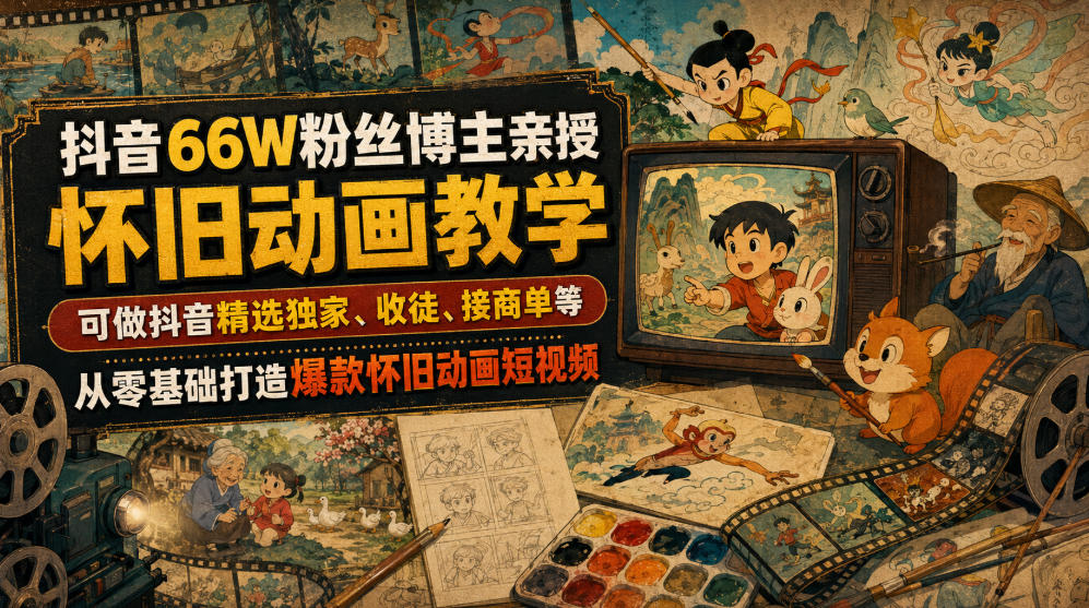 抖音66W粉丝博主亲授怀旧动画教学，可做抖音精选独家、收徒、接商单等，从零基础打造爆款怀旧动画短视频-超级会员网