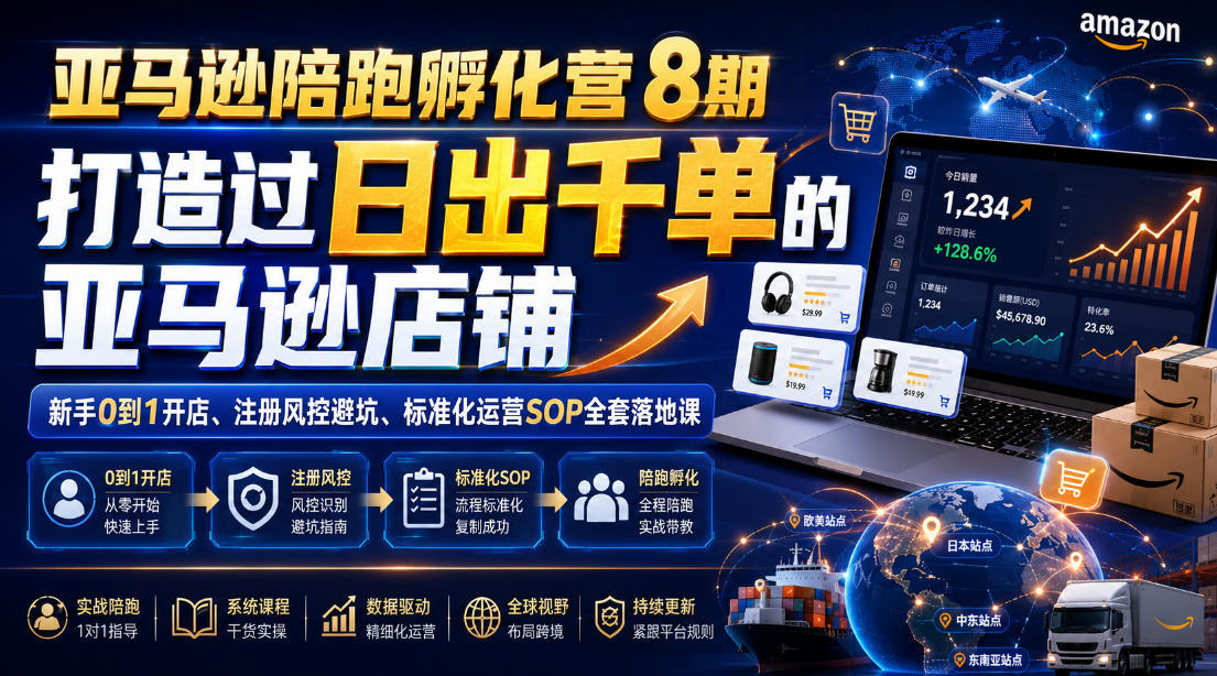 亚马逊陪跑孵化营8期，打造过日出千单的亚马逊店铺，新手0到1开店、注册风控避坑、标准化运营SOP全套落地课-超级会员网
