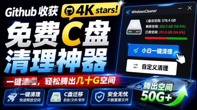 Github收获4K stars！免费C盘清理神器，轻松腾出几十G空间，支持C盘迁移Windows Cleaner-超级会员网
