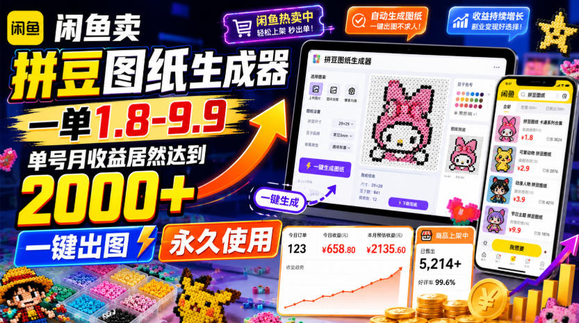 闲鱼卖拼豆图纸生成器，一单1.8-9.9，单号月收益居然达到2000+一键出图永久使用-超级会员网