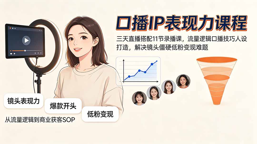 口播IP表现力课程｜三天直播搭配11节录播课，流量逻辑口播技巧人设打造，解决镜头僵硬低粉变现难题-超级会员网