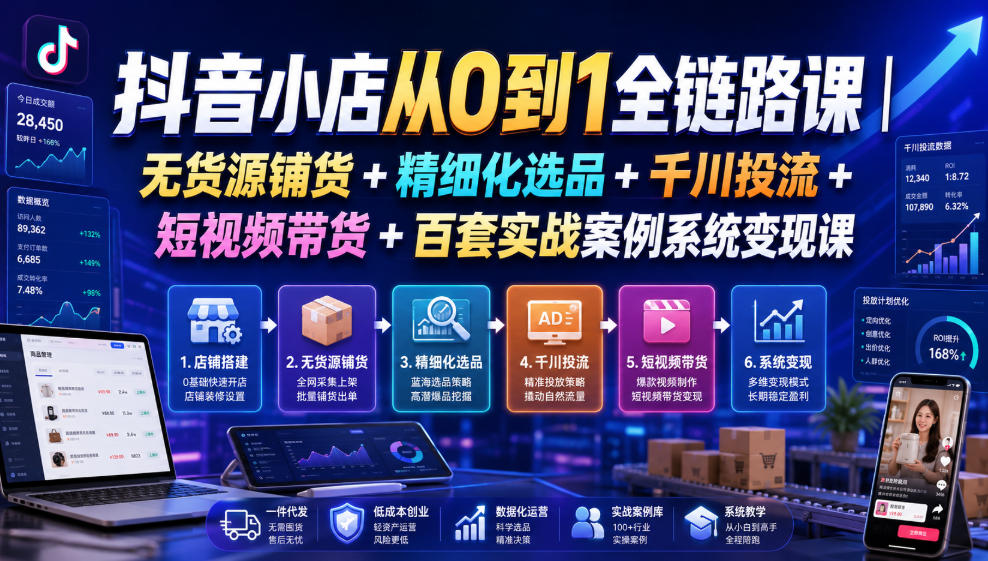 抖音小店从0到1全链路课｜无货源铺货+精细化选品+千川投流+短视频带货+百套实战案例系统变现课(2026年7月更新)-超级会员网