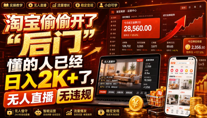 淘宝偷偷开了“后门”，懂的人已经日入2K+了，无人直播无违规，一台电脑=一家24小时营业的线上门店【揭秘】-超级会员网