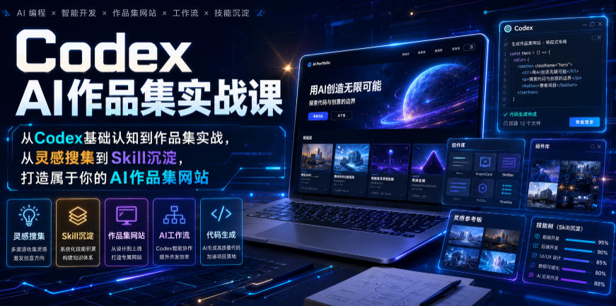 Codex AI作品集实战课，从Codex基础认知到作品集实战，从灵感搜集到Skill沉淀，打造属于你的AI作品集网站-超级会员网