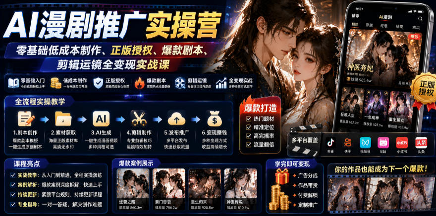AI漫剧推广实操营｜零基础低成本制作、正版授权、爆款剧本、剪辑运镜全变现实战课-超级会员网