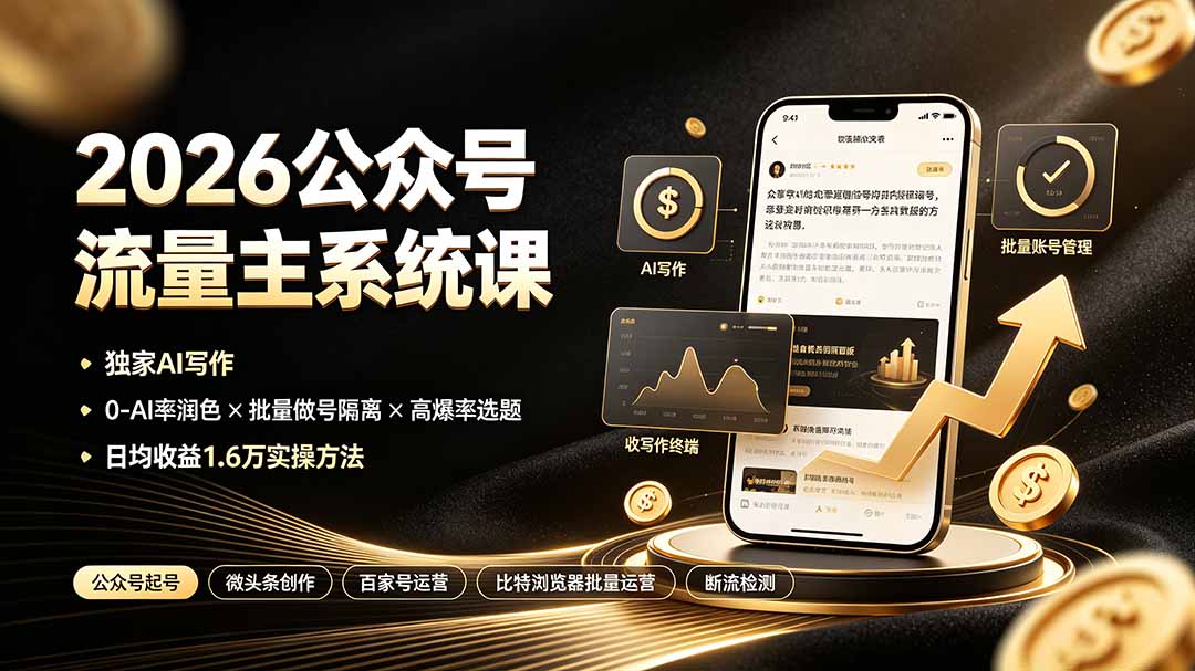 2026公众号流量主系统课：独家AI写作×0-AI率润色×批量做号隔离×高爆率选题，日均收益1.6万实操方法-超级会员网