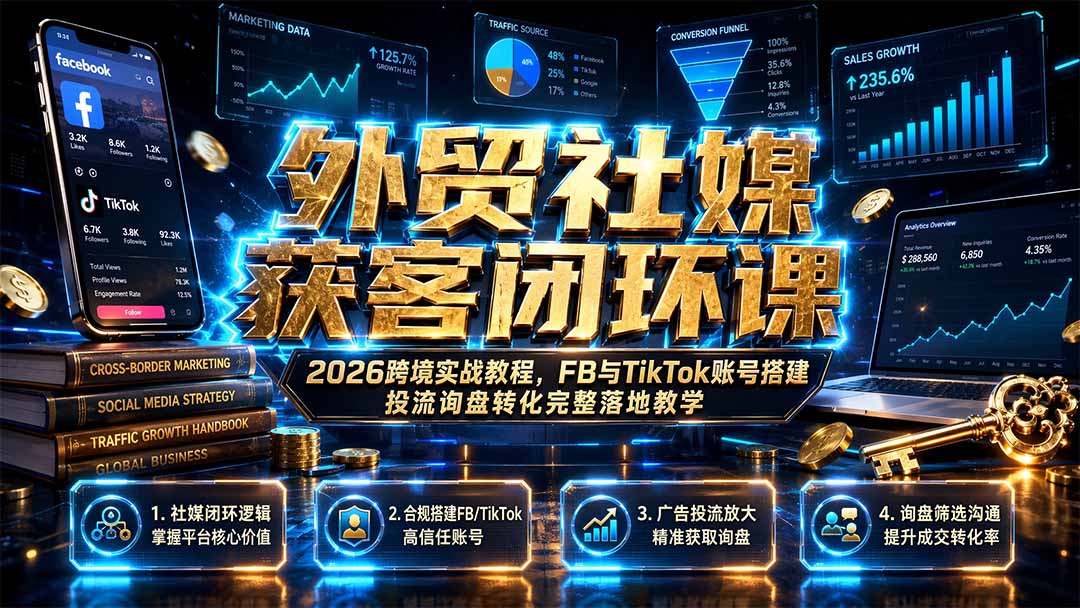 外贸社媒获客闭环课｜2026跨境实战教程，FB与TikTok账号搭建投流询盘转化完整落地教学-超级会员网