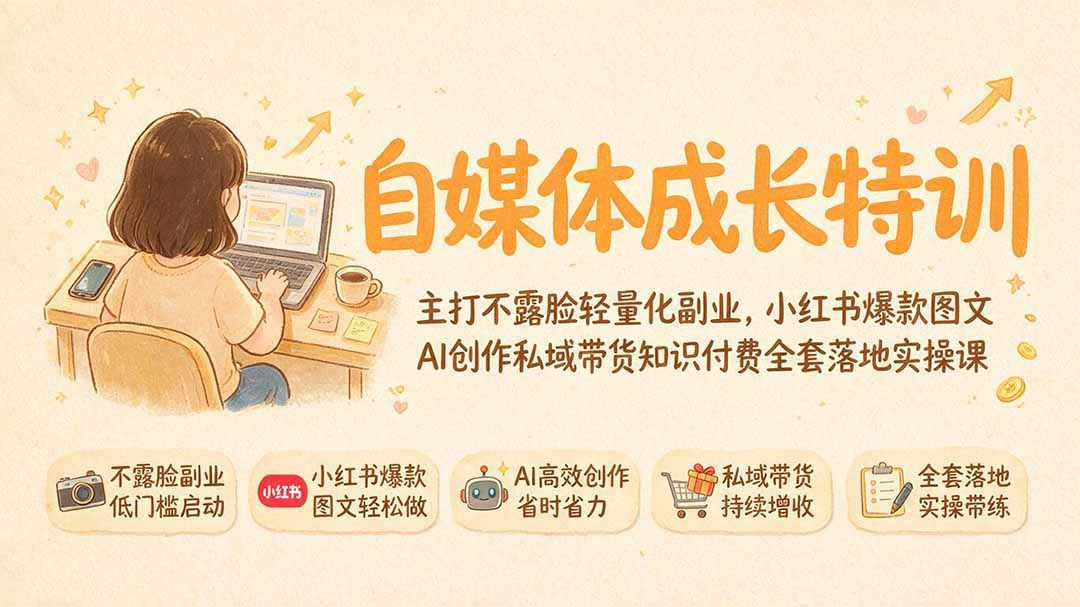 自媒体成长特训｜主打不露脸轻量化副业，小红书爆款图文AI创作私域带货知识付费全套落地实操课-超级会员网