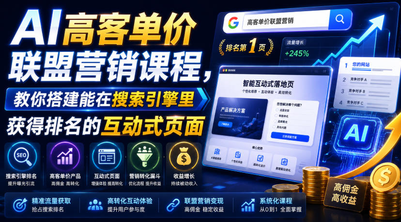 AI高客单价联盟营销课程，教你搭建能在搜索引擎里获得排名的互动式页面，引来流量，把访客转化为高佣金的成交【原创双语字幕】-超级会员网