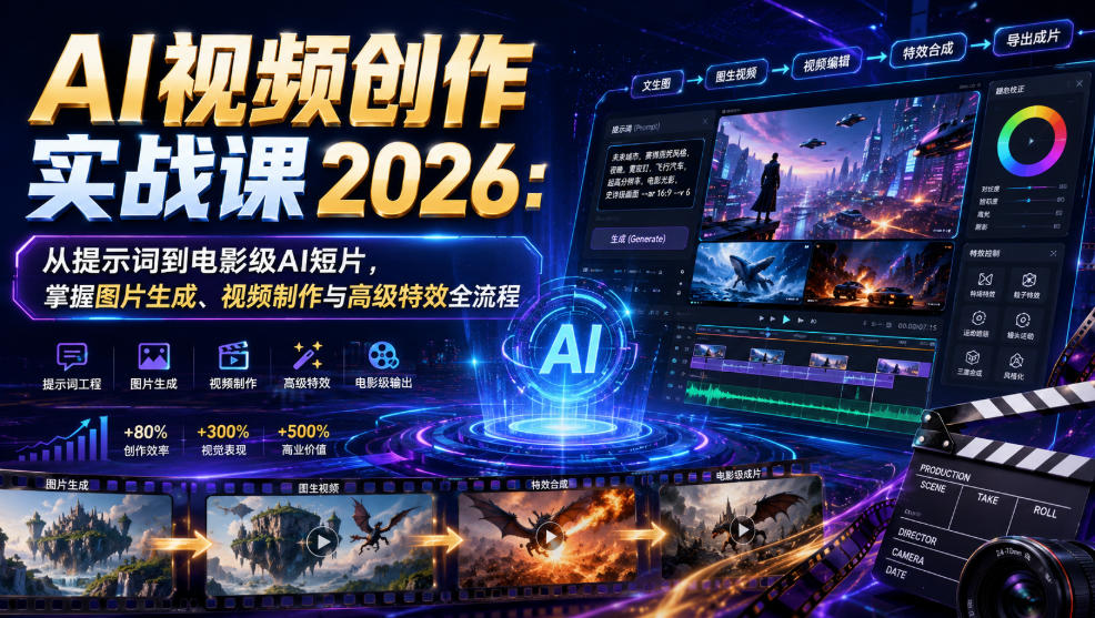 AI视频创作实战课2026：从提示词到电影级AI短片，掌握图片生成、视频制作与高级特效全流程-超级会员网